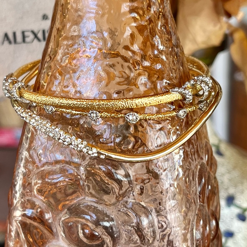 Three Alexis Bittar Textured Gold Diamond Serpent CZS 925Silver Bangle Bracelets